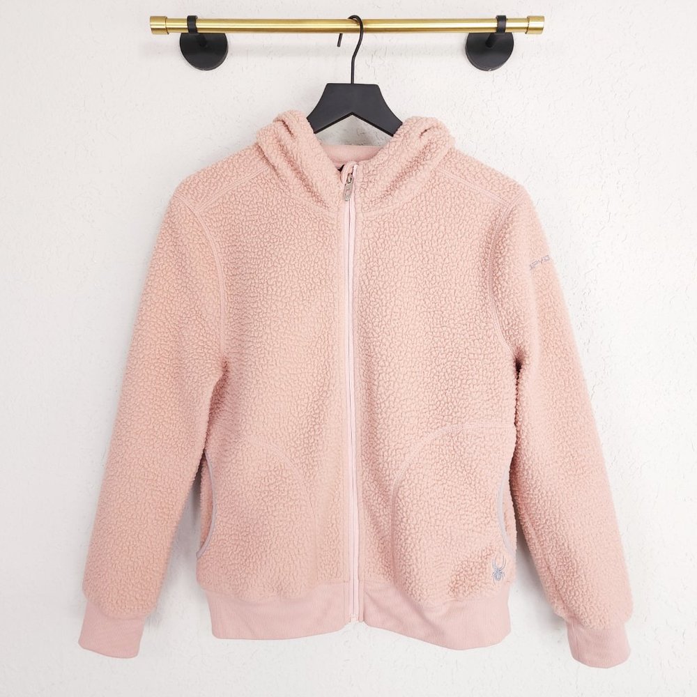 Spyder M Misty Rose Pink Lydia Sherpa Fleece Full Zip Ribbed Hem Hooded Jacket
